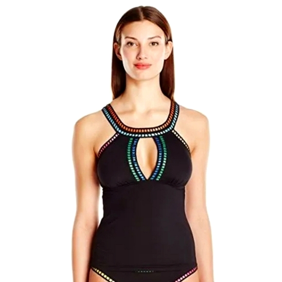 La Blanca Other - LA BLANCA Women's Black Tankini Swim Top Multi Colour Ribbon Weave Key-Hole Sz 8